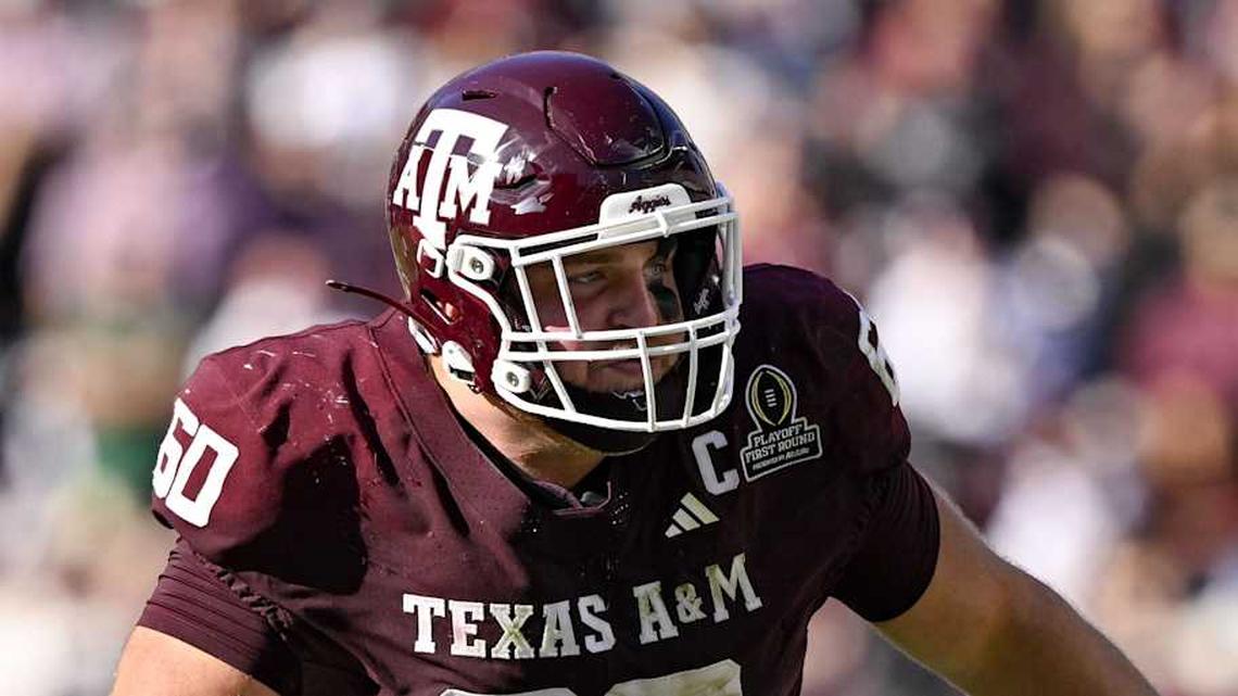 Dec 20, 2025; College Station, TX, USA; Texas A&M Aggies offensive lineman Trey Zuhn III (60) blocks the rush during the game between the Aggies and the Hurricanes at Kyle Field. Mandatory Credit: Jerome Miron-Imagn Images | Jerome Miron-Imagn Images 