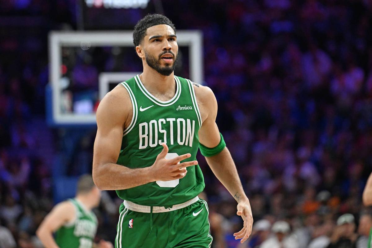  Apr 24, 2026; Philadelphia, Pennsylvania, USA; Boston Celtics forward Jayson Tatum (0) reacts after a three point basket against the Philadelphia 76ers during the second half at Xfinity Mobile Arena. Mandatory Credit: Eric Hartline-Imagn Images 