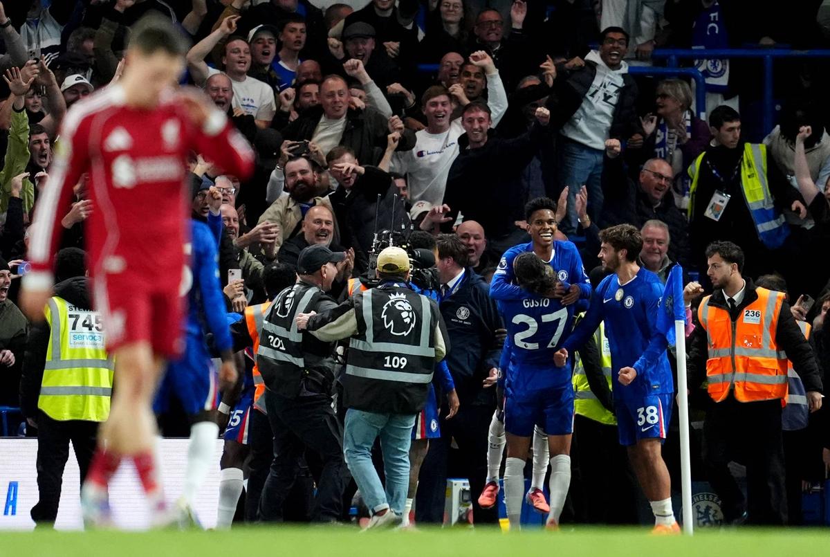  Chelsea's Estevao (top rear) celebrates after scoring his sides second goal during the Premier League match at Stamford Bridge, London. Picture date: Saturday October 4, 2025. (Photo by Adam Davy/PA Images via Getty Images) Photo by Adam Davy/PA Images via Getty Images