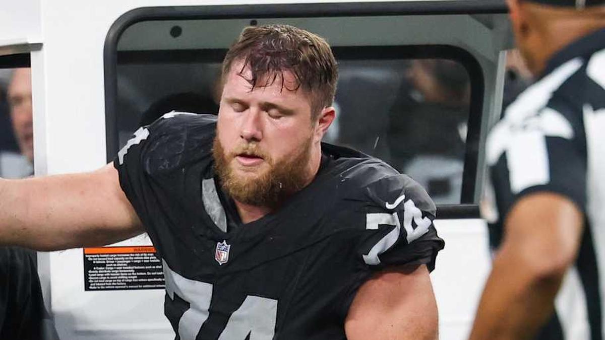  Sep 28, 2025; Paradise, Nevada, USA; Las Vegas Raiders offensive tackle Kolton Miller (74) is loaded onto the medical cart during the second half against the Chicago Bears at Allegiant Stadium. Mandatory Credit: Kiyoshi Mio-Imagn Images | Kiyoshi Mio-Imagn Images 