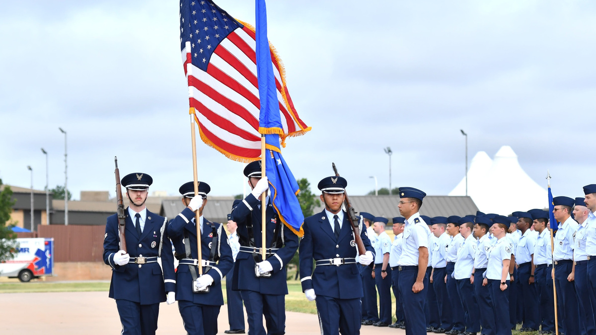The colors are presented during the 82nd Training Wing Change of Command Ceremony on Friday, June 5, 2026, at Sheppard Air Force Base in Wichita Falls.