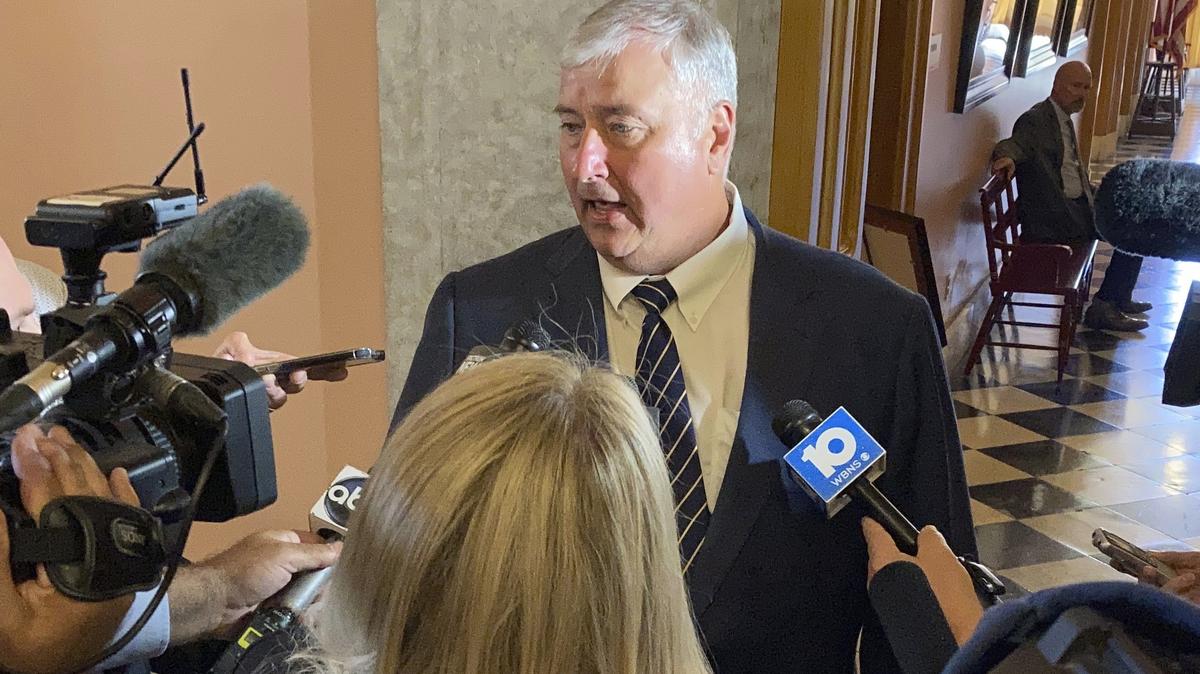 Bribery Investigation Ohio. FILE - Former Republican Speaker Larry Householder speaks to the media immediately after his expulsion from the Ohio House on Wednesday, June 16, 2021, in Columbus, Ohio. (AP Photo/Andrew Welsh-Huggins)