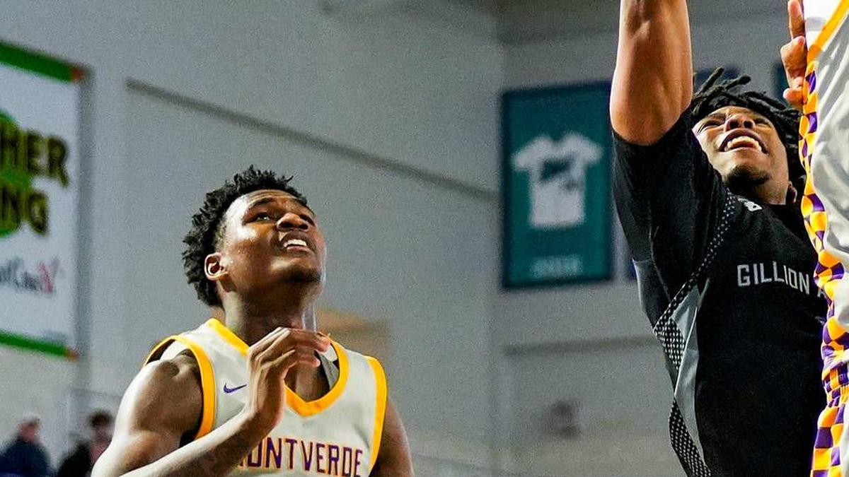  Montverde Academy Eagles forward Joe Philon (1) blocks a shot attempt from Gillion Academy Lions guard Jayden Joseph (1) during the fourth quarter of a City of Palms Classic Signature Series game at Suncoast Credit Union Arena in Fort Myers, Fla., on Friday, Dec. 19, 2025. | Jonah Hinebaugh/Naples Daily News/USA Today Network-Florida / USA TODAY NETWORK via Imagn Images 