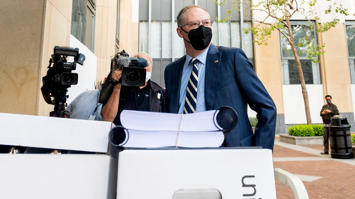 Epic Games CEO Tim Sweeney enters the Ronald V. Dellums building in Oakland, Calif., to attend his company’s federal court case against Apple on Monday, May 3, 2021. Epic, maker of the video game Fortnite, charges that Apple has transformed its App Store into an illegal monopoly.
