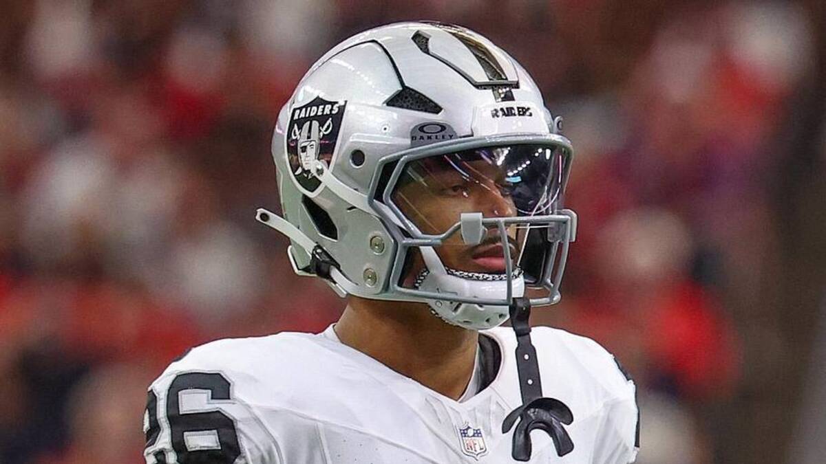  Dec 21, 2025; Houston, Texas, USA; Las Vegas Raiders cornerback Darien Porter (26) during a television timeout against the Houston Texans in the first quarter at NRG Stadium. Mandatory Credit: Thomas Shea-Imagn Images | Thomas Shea-Imagn Images 