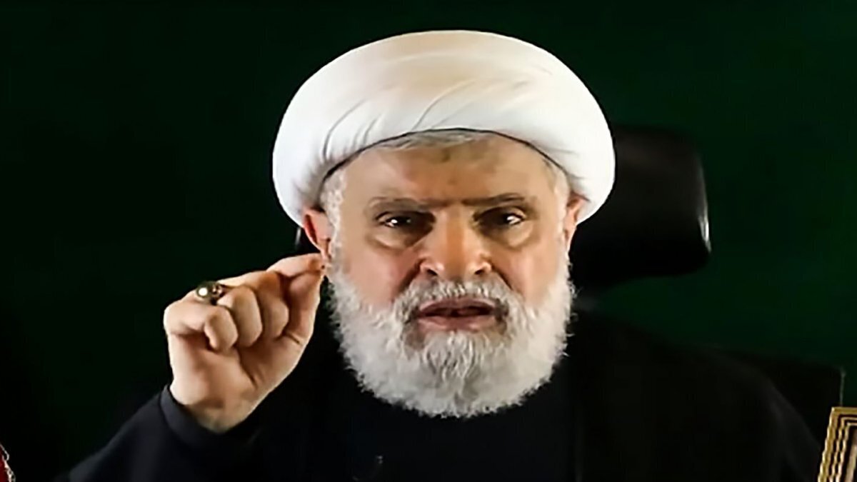 An image grab taken from Hezbollah's Al-Manar TV shows Hezbollah leader Sheikh Naim Qassem delivering a speech in 2024. On Wednesday, Qassem said negotiations with Israel should be limited to "mutual security." Photo by Al-Manar TV/UPI