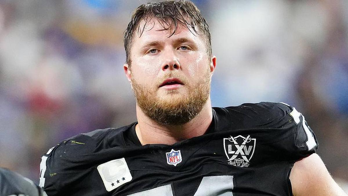  Jan 5, 2025; Paradise, Nevada, USA; Las Vegas Raiders offensive tackle Kolton Miller (74) reacts after the Raiders were defeated by the Los Angeles Chargers 34-20 at Allegiant Stadium. Mandatory Credit: Stephen R. Sylvanie-Imagn Images | Stephen R. Sylvanie-Imagn Images 