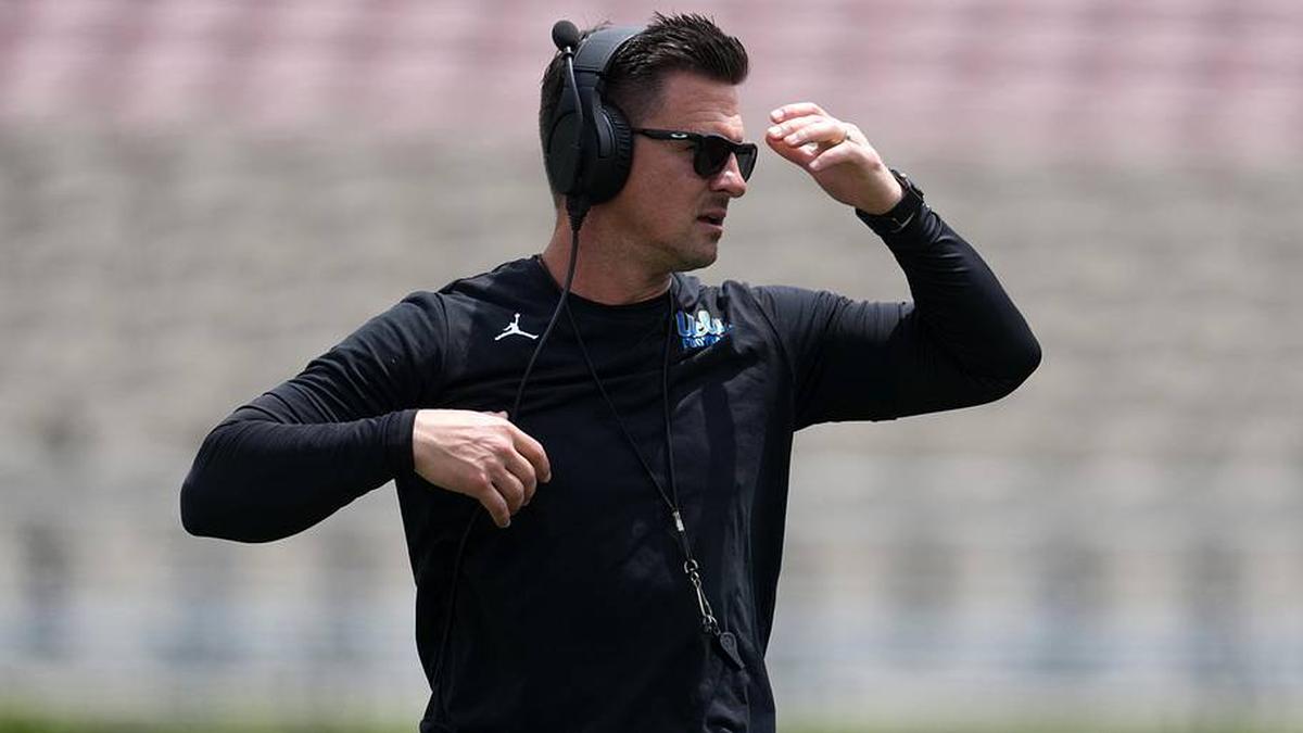  May 2, 2026; Pasadena, CA, USA; UCLA Bruins coach Bob Chesney reacts during the spring game at Rose Bowl. Mandatory Credit: Kirby Lee-Imagn Images | Kirby Lee-Imagn Images 