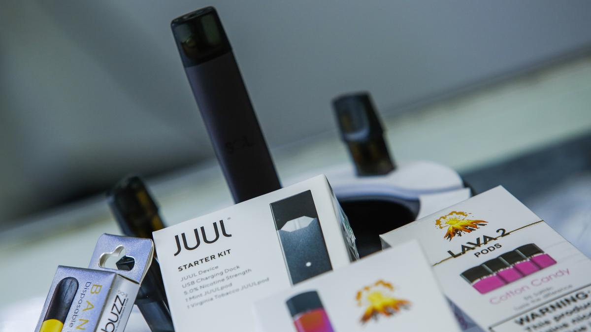 In this photo from January 2, 2020, e-cigarette devices are on display in a local store in Jersey City, New Jersey. (Eduardo Munoz Alvarez/Getty Images/TNS)