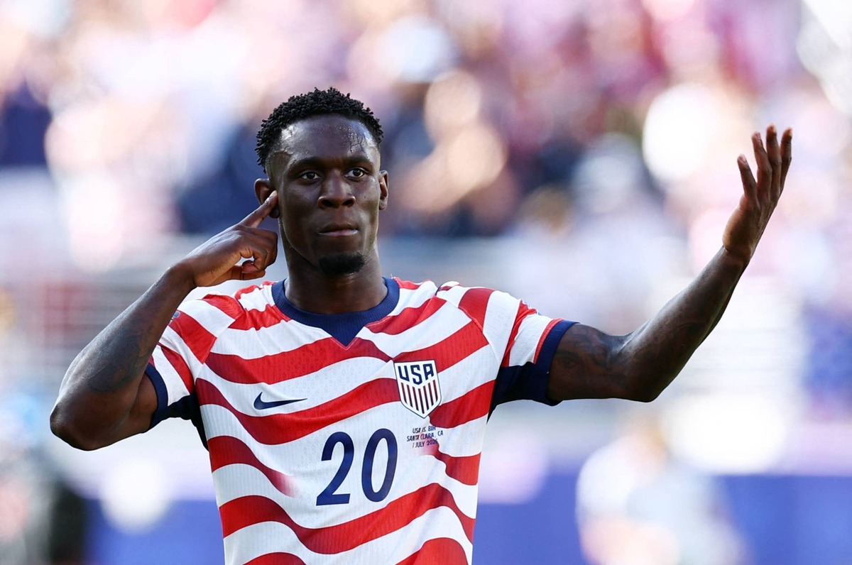  July 1, 2026; Santa Clara, California, U.S.; Folarin Balogun of the U.S. celebrates scoring their first goal. Mandatory Credit: Phil Noble-Reuters via Imagn Images 