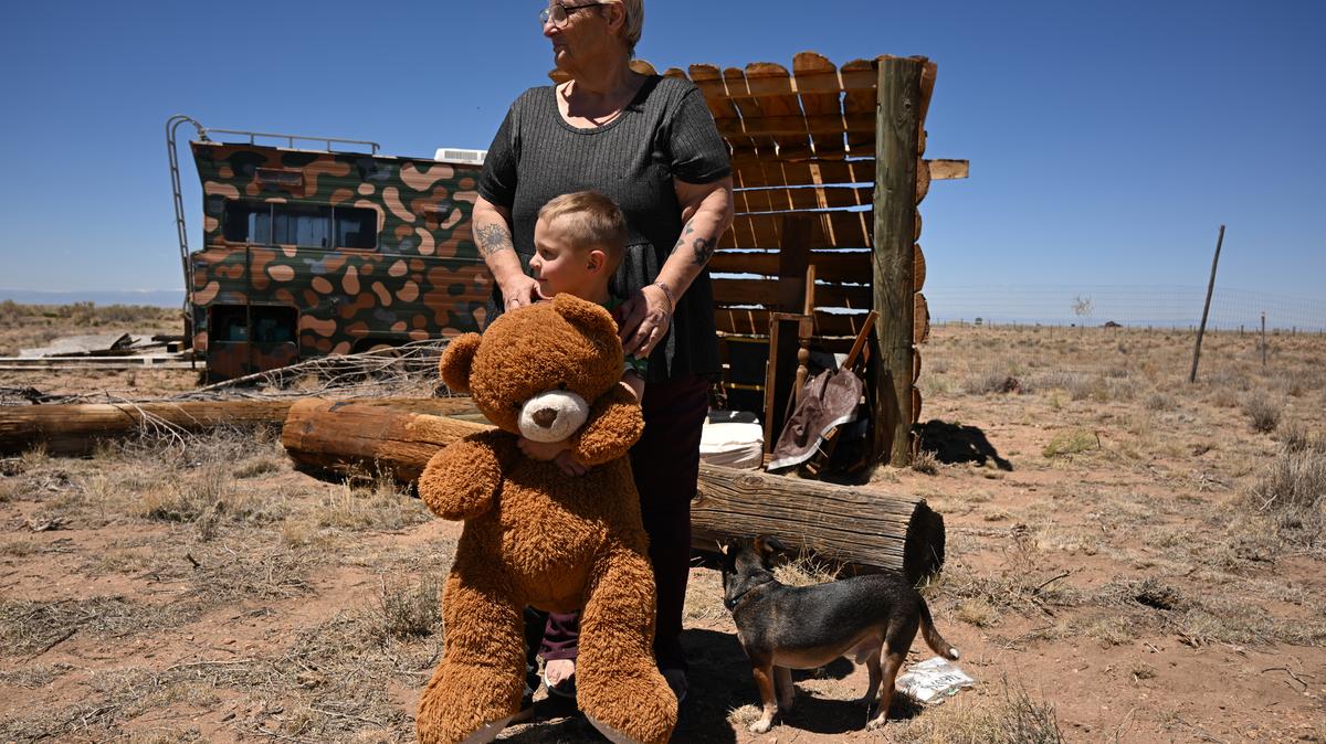Kim Wisdom stands with her great-grandson, Lucipher Desrochers, 4, at her family’s property on May 11, 2026, in Costilla County, Colorado. (RJ Sangosti/The Denver Post/TNS)