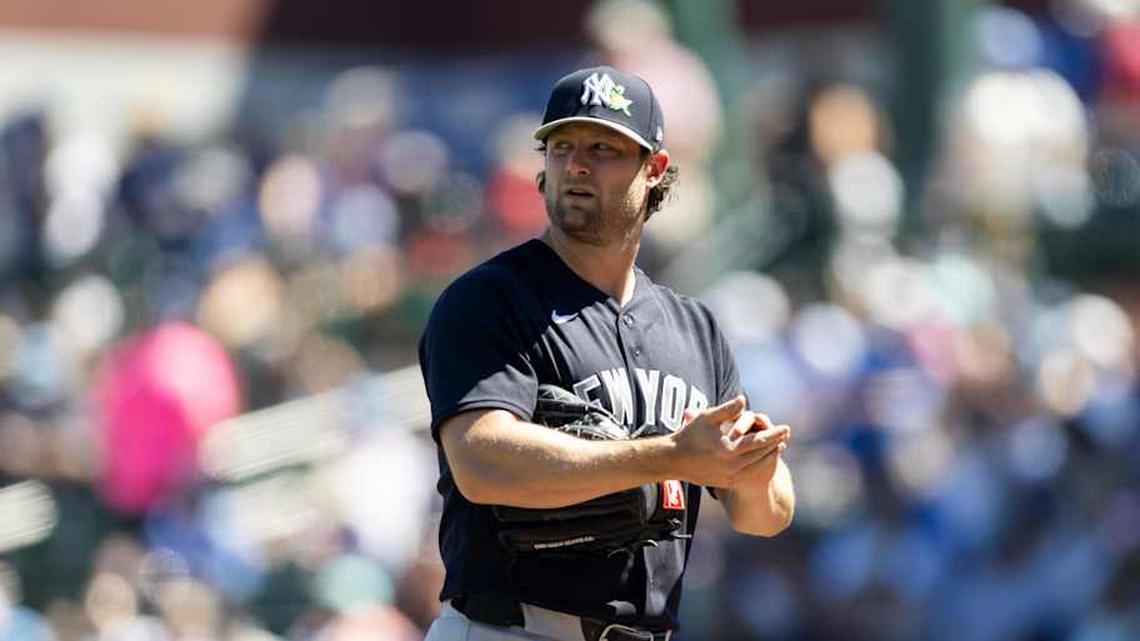  New York Yankees pitcher Gerrit Cole against the Chicago Cubs during spring training at Sloan Park | Mark J. Rebilas-Imagn Images 