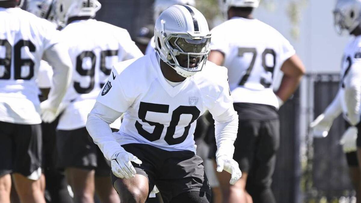  May 28, 2026; Henderson, NV, USA; Las Vegas Raiders linebacker Segun Olubi (50) during organized team activities at Intermountain Health Performance Center. Mandatory Credit: Candice Ward-Imagn Images | Candice Ward-Imagn Images 