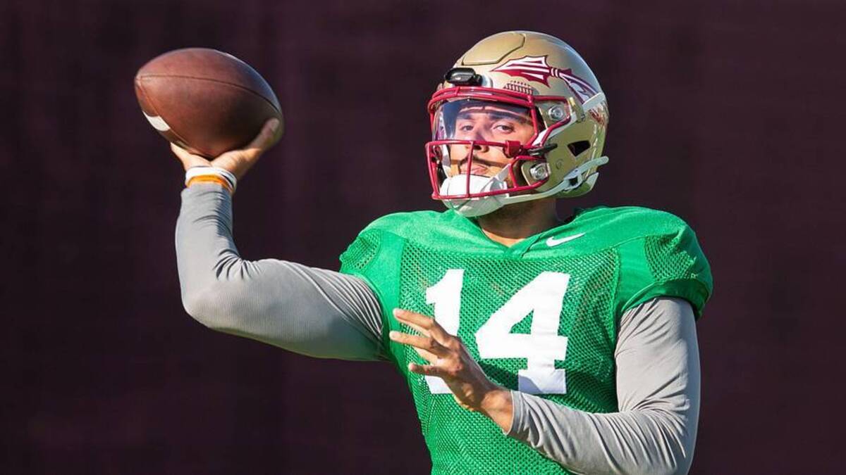  Florida State Seminoles quarterback Ashton Daniels (14) winds up to pass Thursday, April 9, 2026. | Alicia Devine/Tallahassee Democrat / USA TODAY NETWORK via Imagn Images 