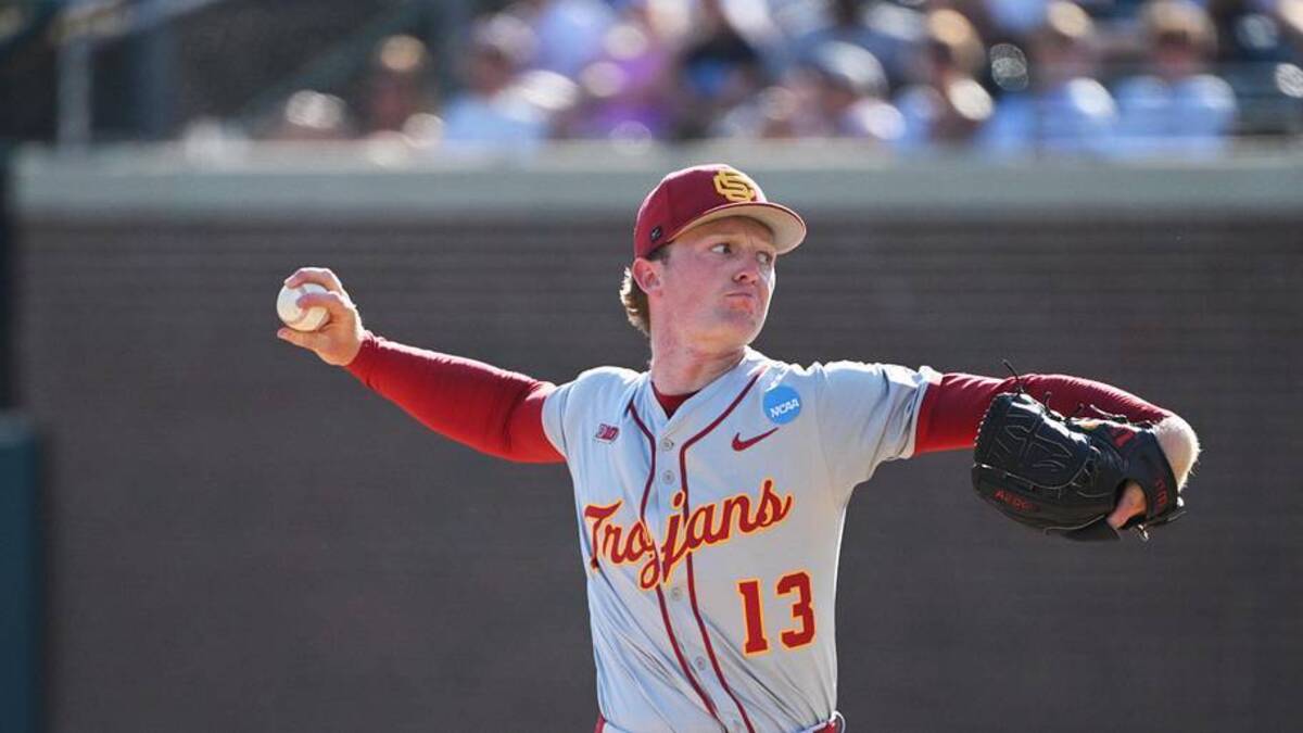  Jun 5, 2026; Chapel Hill, NC, USA; USC Trojans pitcher Andrew Johnson (13) pitches the ball to the North Carolina Tar Heels during the seventh inning at Boshamer Stadium. Mandatory Credit: Zachary Taft-Imagn Images | Zachary Taft-Imagn Images 