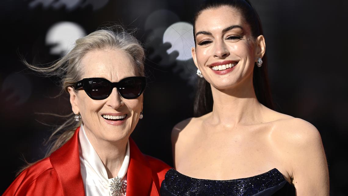 Meryl Streep, left, and Anne Hathaway  attend "The Devil Wears Prada 2" European premiere inside Leicester Square on April 22, 2026, in London. (Gareth Cattermole/Getty Images/TNS)