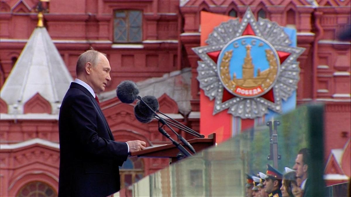 Russian President Vladimir Putin delivers a speech during a military parade on Victory Day, marking the 81st anniversary of the victory over Nazi Germany in World War Two, in Red Square in central Moscow, Russia, May 9, 2026, in this still image taken from video. Kremlin.ru/Handout via REUTERS
