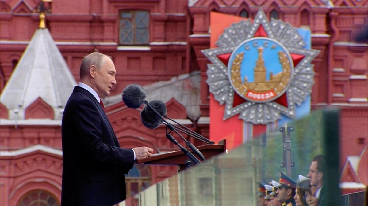 Russian President Vladimir Putin delivers a speech during a military parade on Victory Day, marking the 81st anniversary of the victory over Nazi Germany in World War Two, in Red Square in central Moscow, Russia, May 9, 2026, in this still image taken from video. Kremlin.ru/Handout via REUTERS