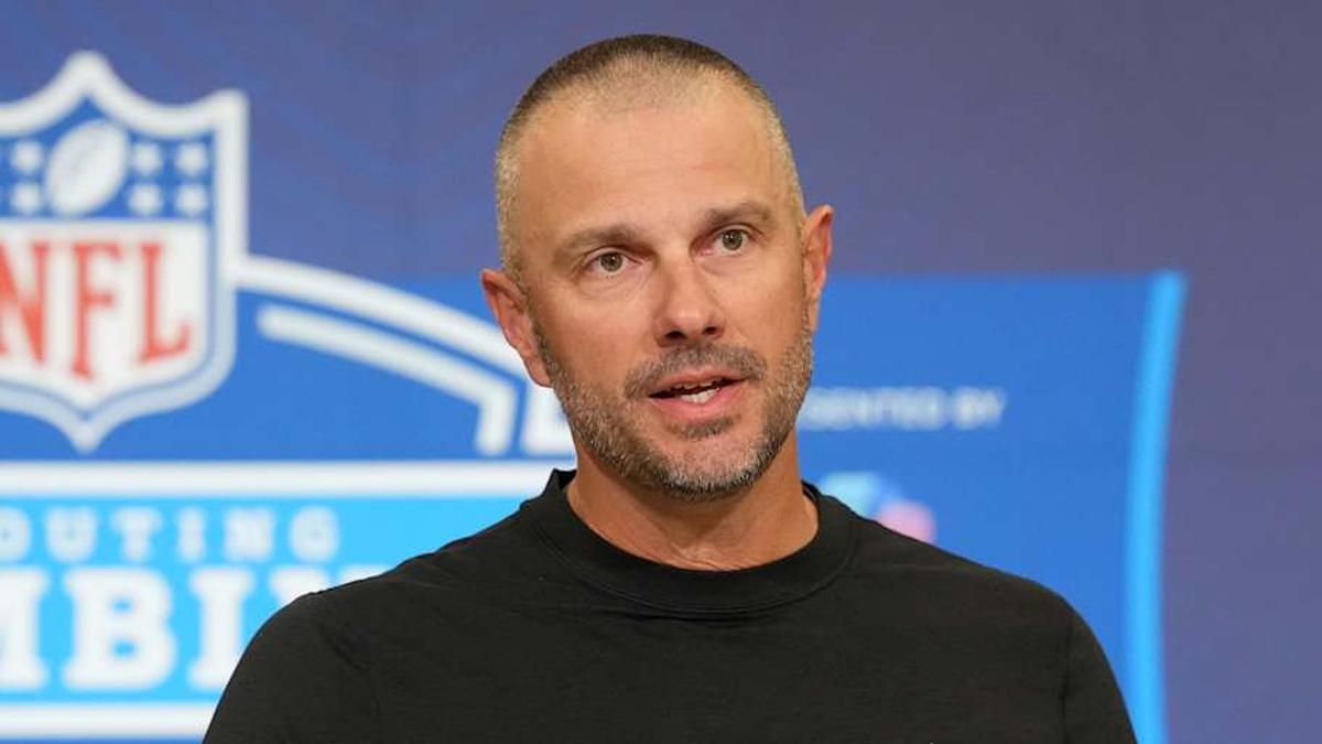  Feb 24, 2026; Indianapolis, IN, USA; Las Vegas Raiders general manager John Spytek speaks at the NFL Scouting Combine at the Indiana Convention Center. Mandatory Credit: Kirby Lee-Imagn Images | Kirby Lee-Imagn Images 