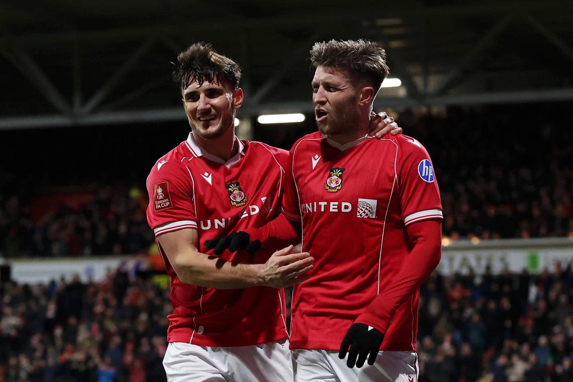  Josh Windass of Wrexham celebrates after scoring his teams first goal during the Emirates FA Cup Fourth Round match between Wrexham and Ipswich Town. Photo by Justin Setterfield/Getty Images