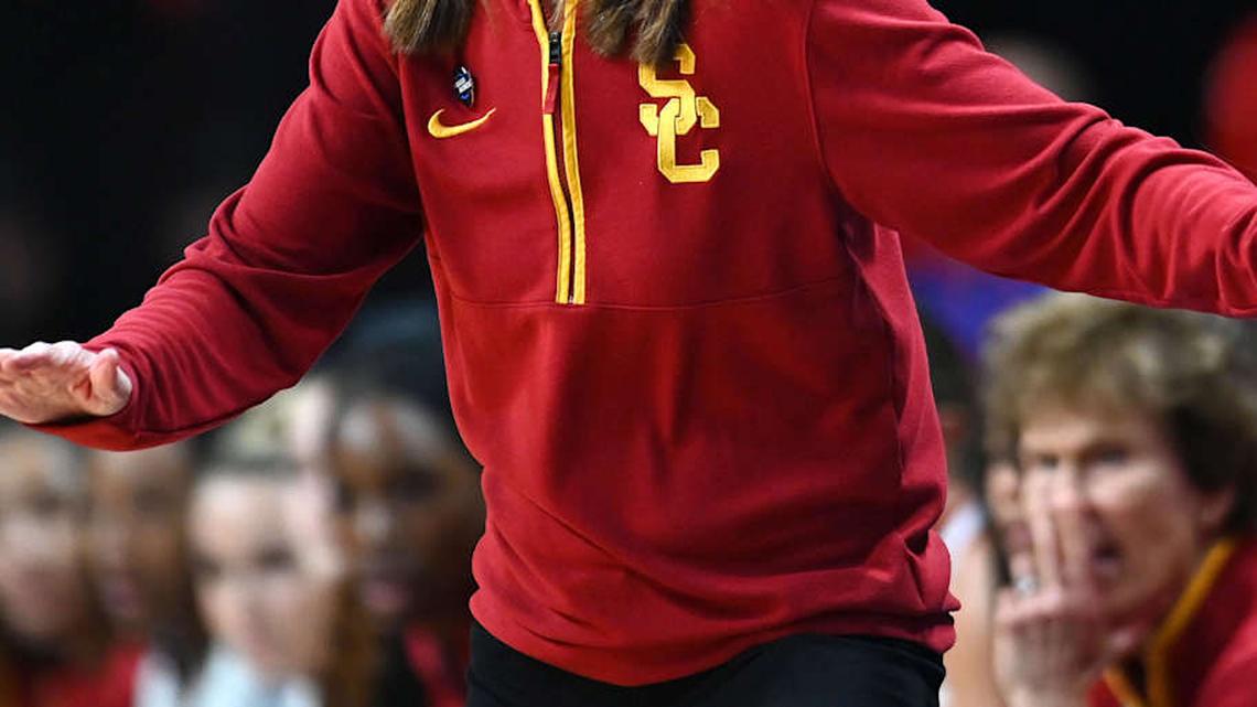  Mar 31, 2025; Spokane, WA, USA; USC Trojans head coach Lindsay Gottlieb reacts after a play against the UConn Huskies during the first half of an Elite 8 NCAA Tournament game at Spokane Arena. Mandatory Credit: James Snook-Imagn Images | James Snook-Imagn Images 