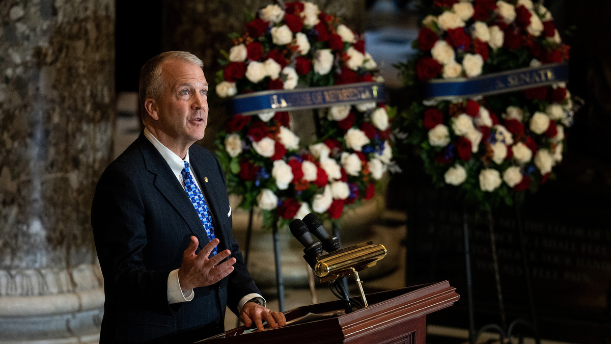 U.S. Sen. Dan Sullivan (R-Alaska) speaks during the ceremony for Rep. Don Young (R-Alaska) as Young lies in state in National Statuary Hall at the U.S. Capitol on March 29, 2022, in Washington, D.C. (Bill Clark/Pool/Getty Images/TNS)