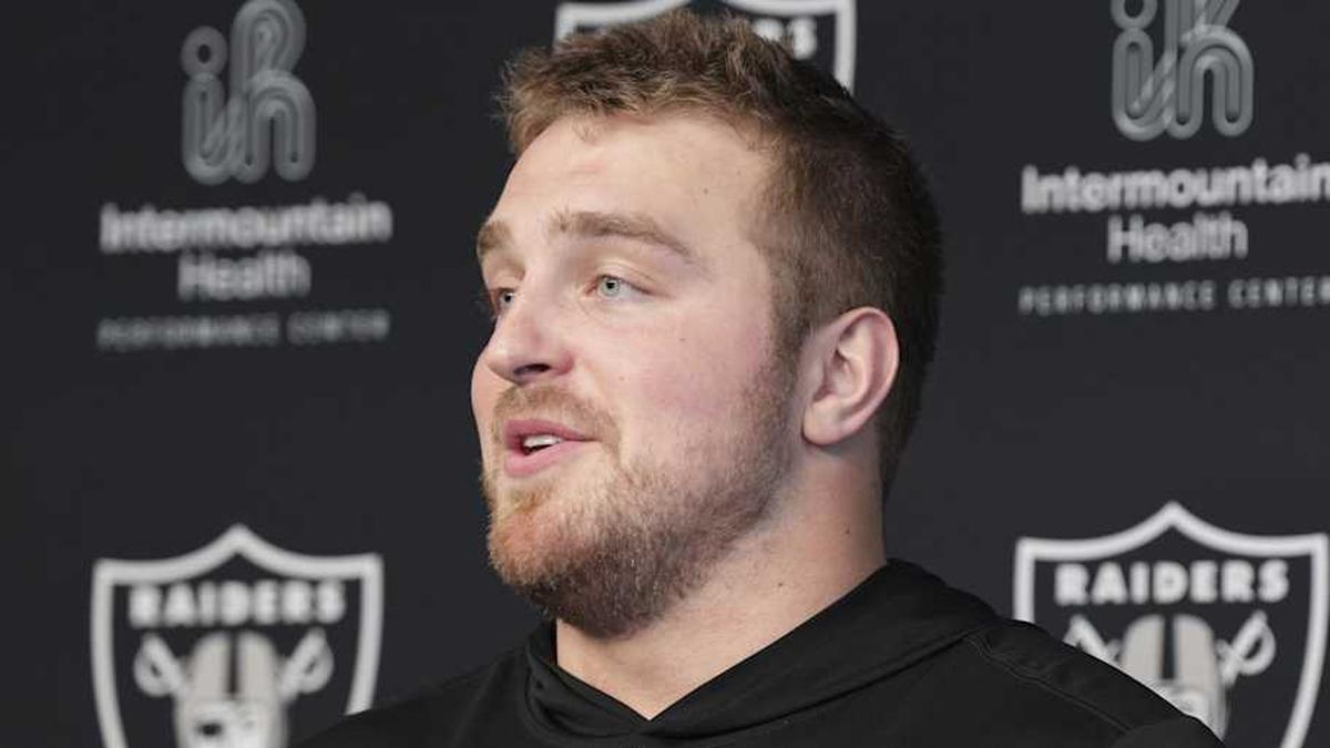  May 2, 2026; Henderson, NV, USA; Las Vegas Raiders guard Trey Zuhn II (66) speaks during a news conference at the team's Rookie Minicamp at Intermountain Health Performance Center. Mandatory Credit: Candice Ward-Imagn Images | Candice Ward-Imagn Images 