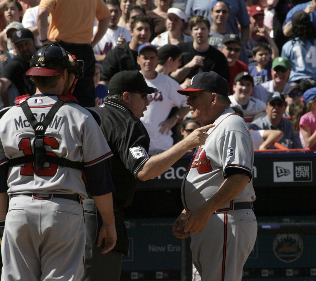 FILE-- The Atlanta Braves manager Bobby Cox gets thrown out of the game by umpire Paul Emmel during a game at Shea Stadium in Queens on April 19, 2007. Cox, a Hall of Famer who led the Atlanta Braves to five National League pennants and a World Series championship and ranks No. 4 for career victories as a manager, died in Marietta, Ga. on May 9, 2026. He was 84. (Barton Silverman/New York Times)
