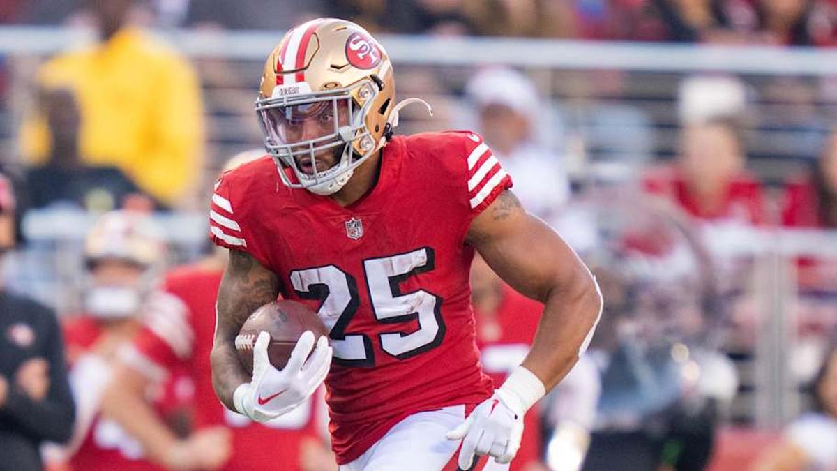  September 21, 2023; Santa Clara, California, USA; San Francisco 49ers running back Elijah Mitchell (25) carries the football during the second quarter against the New York Giants at Levi's Stadium. Mandatory Credit: Kyle Terada-Imagn Images | Kyle Terada-Imagn Images 