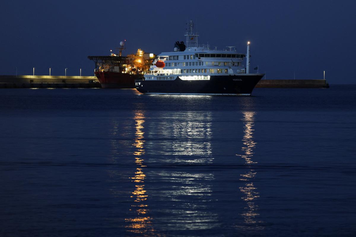 The cruise ship MV Hondius, affected by a hantavirus outbreak, at the port of Granadilla de Abona, in Tenerife, Spain May 11, 2026. REUTERS/Hannah McKay