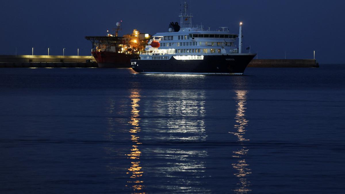The cruise ship MV Hondius, affected by a hantavirus outbreak, at the port of Granadilla de Abona, in Tenerife, Spain May 11, 2026. REUTERS/Hannah McKay