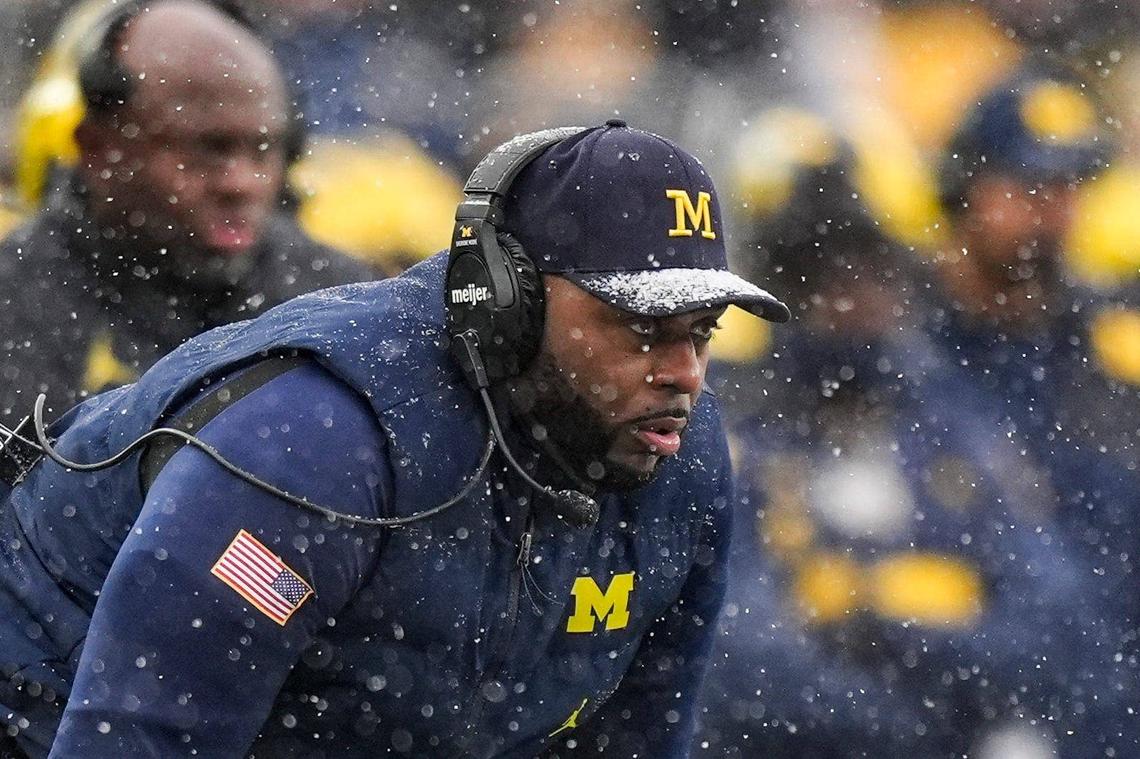  Michigan head coach Sherrone Moore watches a play against Ohio State during the second half at Michigan Stadium in Ann Arbor on Saturday, Nov. 29, 2025. 