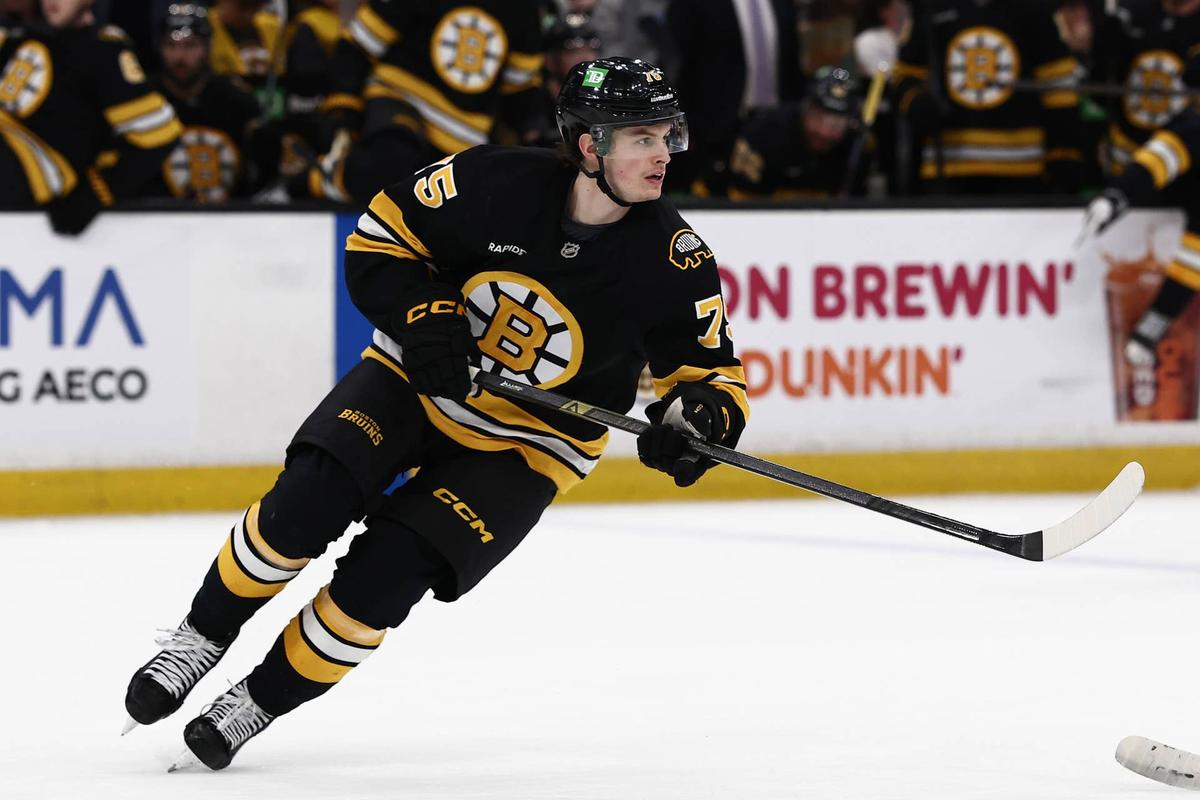  Boston Bruins left wing Lukas Reichel (75) skates against the Toronto Maple Leafs during the third period at TD Garden. Winslow Townson-Imagn Images
