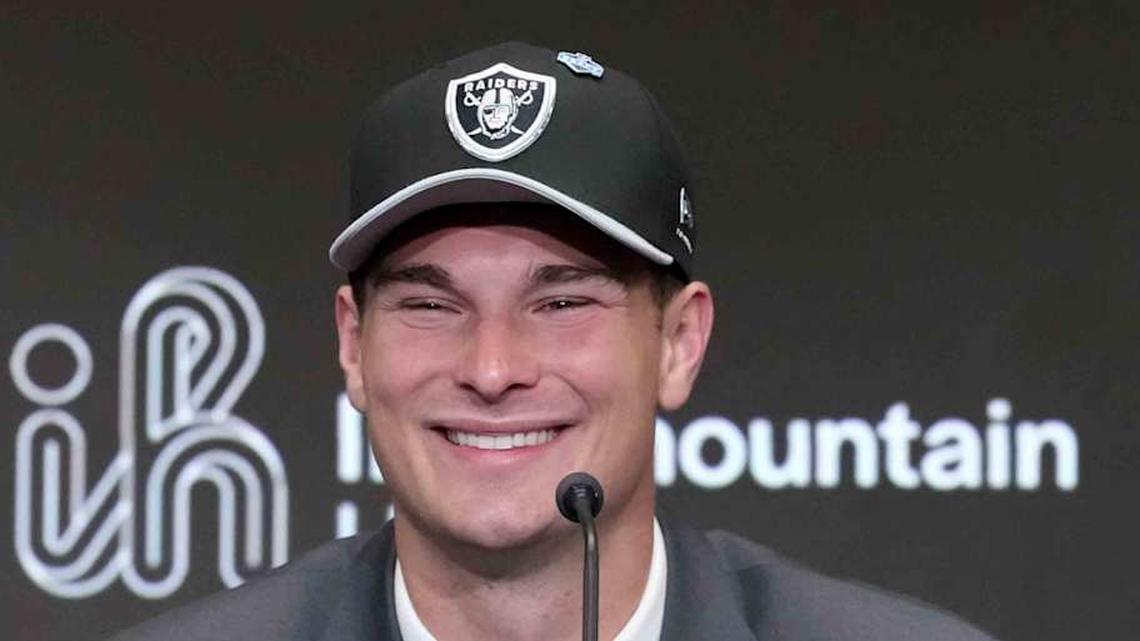  Apr 24, 2026; Henderson, NV, USA; Las Vegas Raiders quarterback Fernando Mendoza speaks at introductory press conference at Intermountain Healthcare Performance Center after being selected as the No. 1 pick in the 2026 NFL Draft. Mandatory Credit: Kirby Lee-Imagn Images | Kirby Lee-Imagn Images 