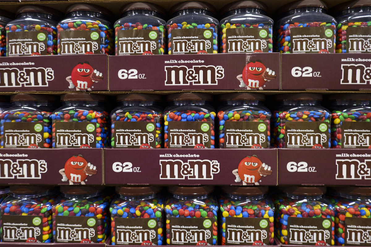  Packages of M&M’s milk chocolate candy are stacked at a Costco Wholesale store on July 12, 2025 in San Diego, California. 