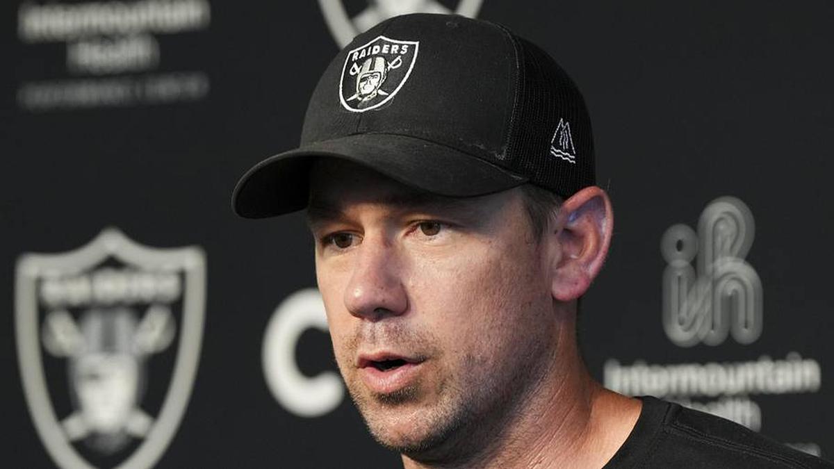  May 20, 2026; Henderson, NV, USA; Las Vegas Raiders head coach Klint Kubiak speaks during a news conference during organized team activities at Intermountain Health Performance Center. Mandatory Credit: Candice Ward-Imagn Images | Candice Ward-Imagn Images 