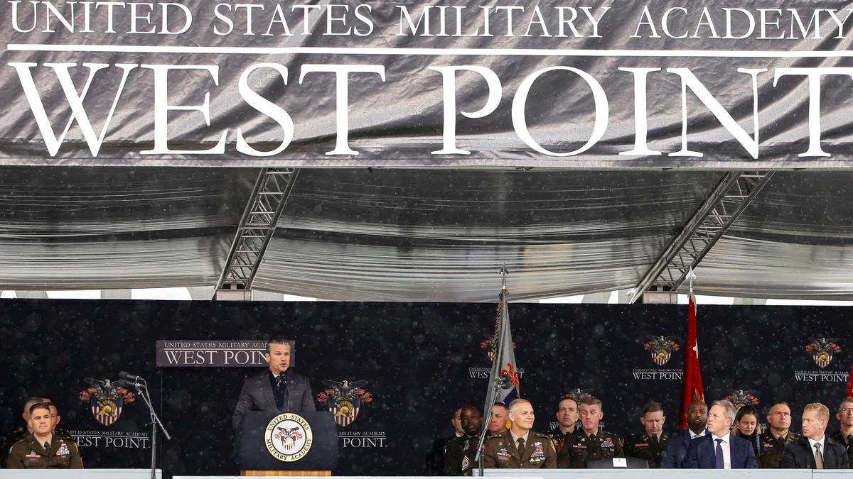 U.S. Secretary of Defense Pete Hegseth speaks during the graduation ceremony for the U.S. Military Academy (USMA) at West Point, New York, U.S., May 23, 2026. REUTERS/Eduardo Munoz