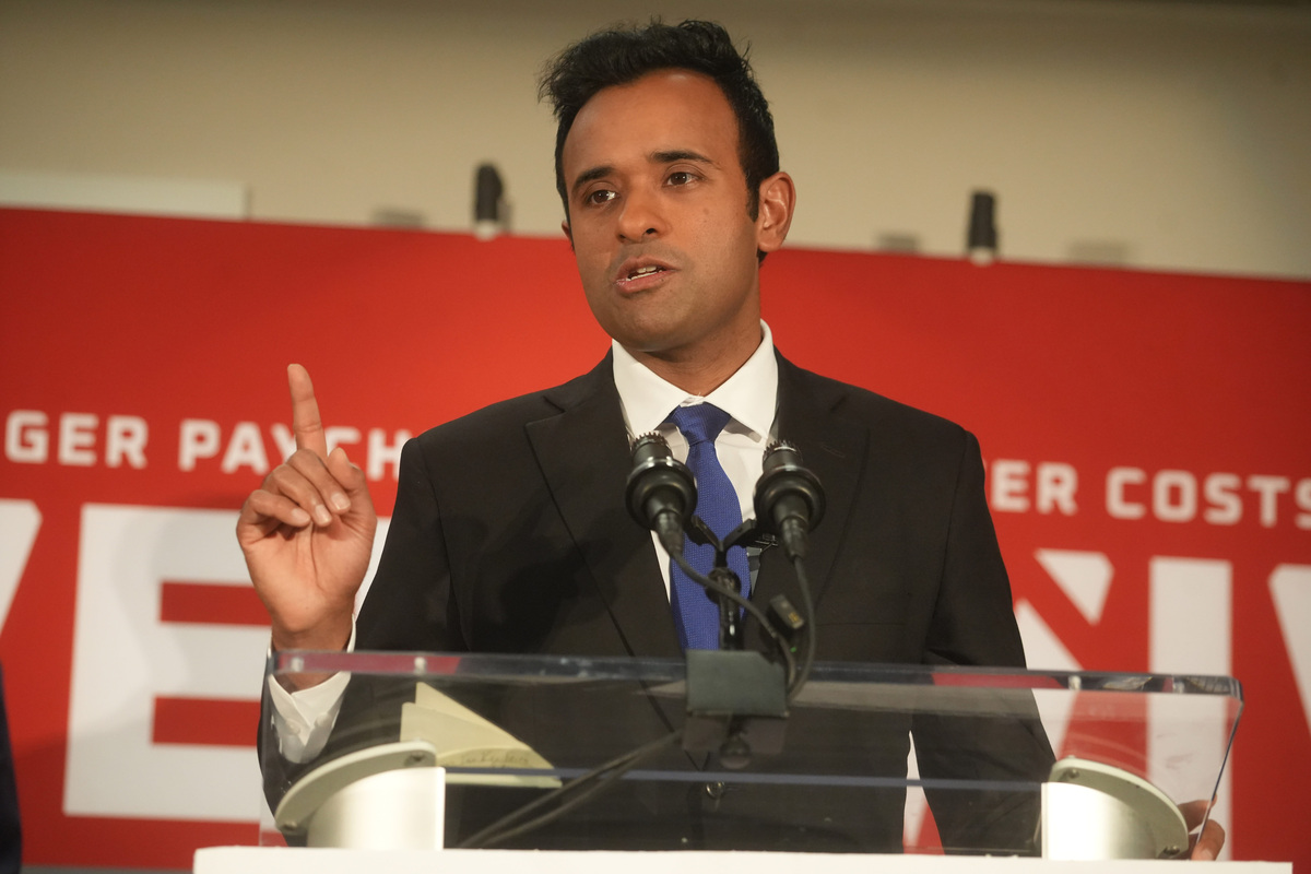 Ohio gubernatorial candidate Vivek Ramaswamy introduces a proposal to cut the Ohio gas tax during at the Ohio Chamber of Commerce in Columbus on Sept. 23.