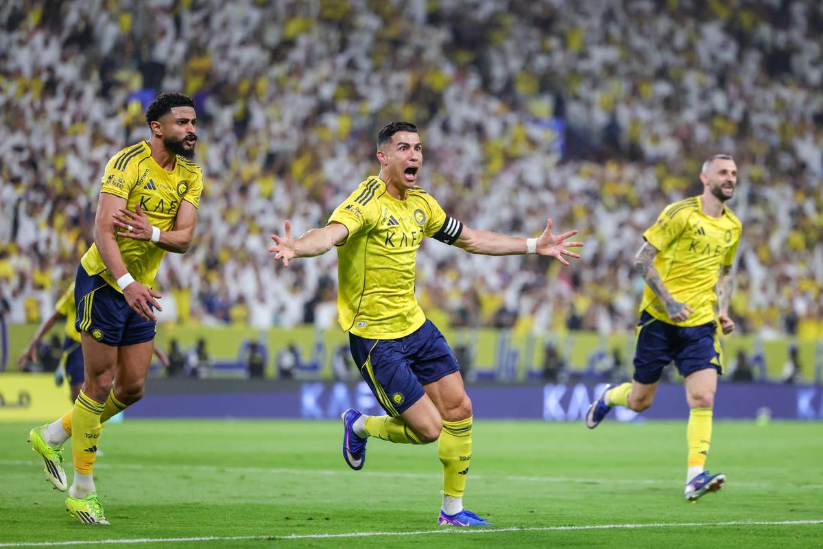  Cristiano Ronaldo of team Al Nassr FC celebrates scoring their first goal during the Saudi Pro League game between Al Nassr and Al Ahli at Al Awwal Park on April 28, 2026 in Riyadh, Saudi Arabia. (Photo by Abdullah Ahmed/Getty Images) Photo by Abdullah Ahmed/Getty Images