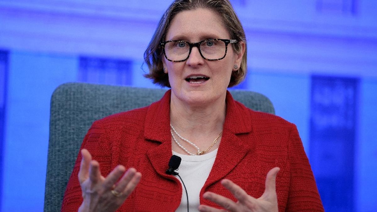 Federal Reserve Bank of Philadelphia President Anna Paulson speaks during a panel in Washington, D.C., U.S., April 14, 2026. REUTERS/Evan Vucci
