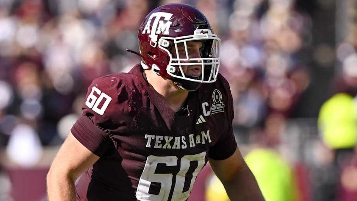  Dec 20, 2025; College Station, TX, USA; Texas A&M Aggies offensive lineman Trey Zuhn III (60) blocks the rush during the game between the Aggies and the Hurricanes at Kyle Field. Mandatory Credit: Jerome Miron-Imagn Images | Jerome Miron-Imagn Images 