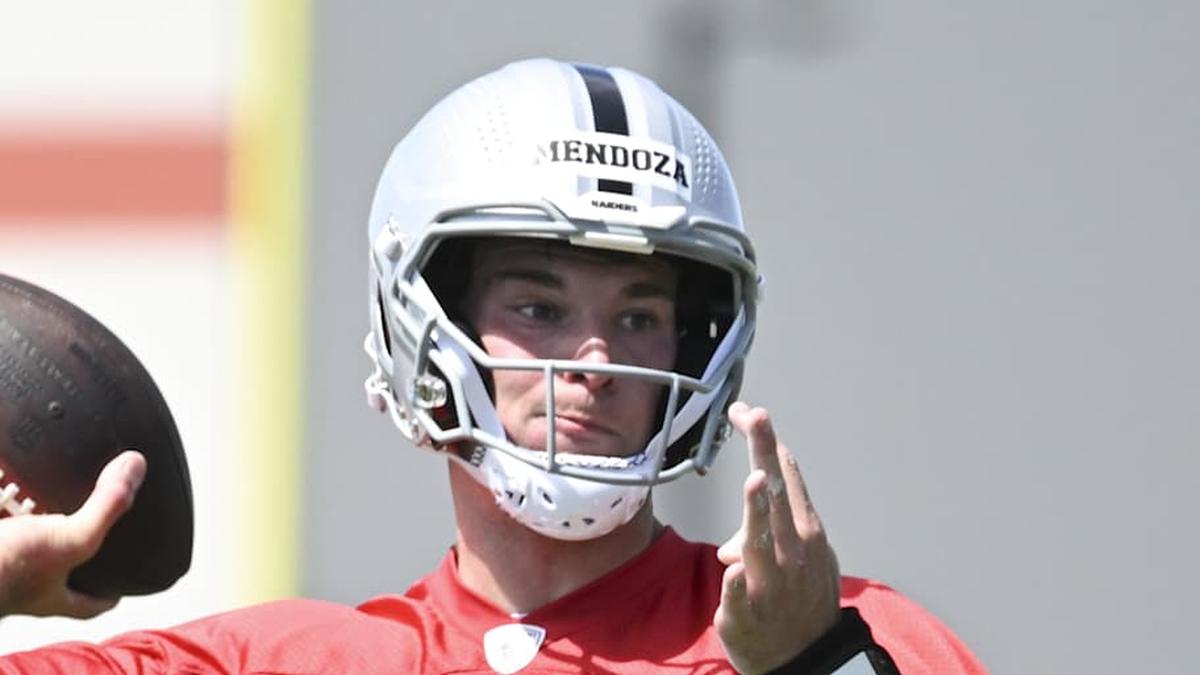  May 2, 2026; Henderson, NV, USA; Las Vegas Raiders quarterback Fernando Mendoza (15) runs through a drill during a Rookie Minicamp at Intermountain Health Performance Center. Mandatory Credit: Candice Ward-Imagn Images | Candice Ward-Imagn Images 