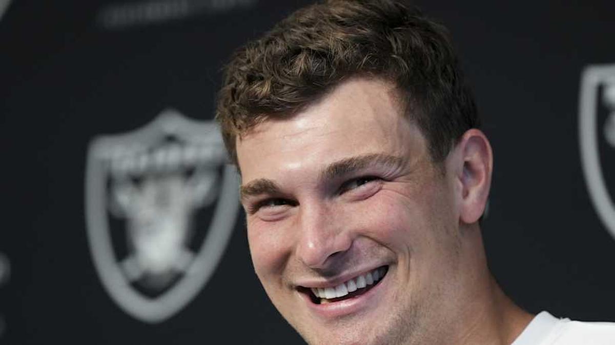  May 2, 2026; Henderson, NV, USA; Las Vegas Raiders quarterback Fernando Mendoza (15) speaks during a news conference at the team's Rookie Minicamp at Intermountain Health Performance Center. Mandatory Credit: Candice Ward-Imagn Images | Candice Ward-Imagn Images 