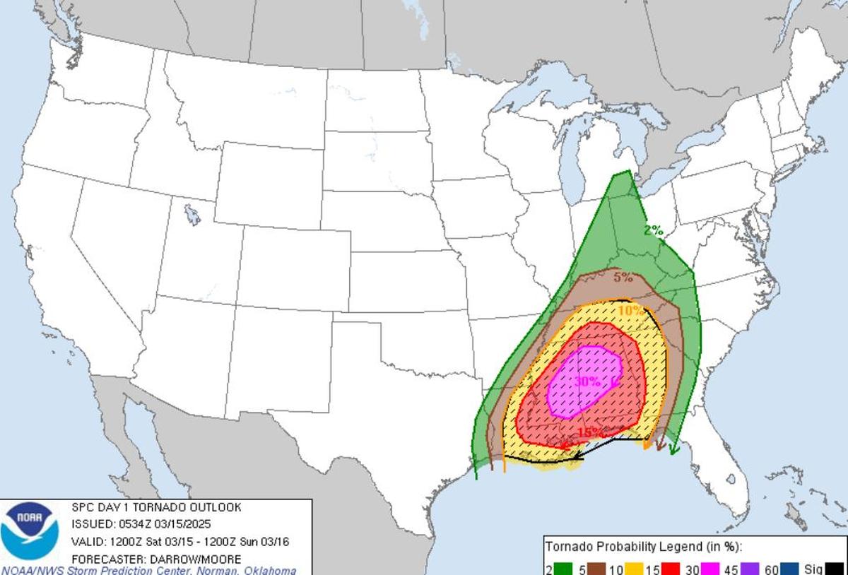 Parts of Mississippi and Alabama are under the highest risk level the National Weather Service issues.