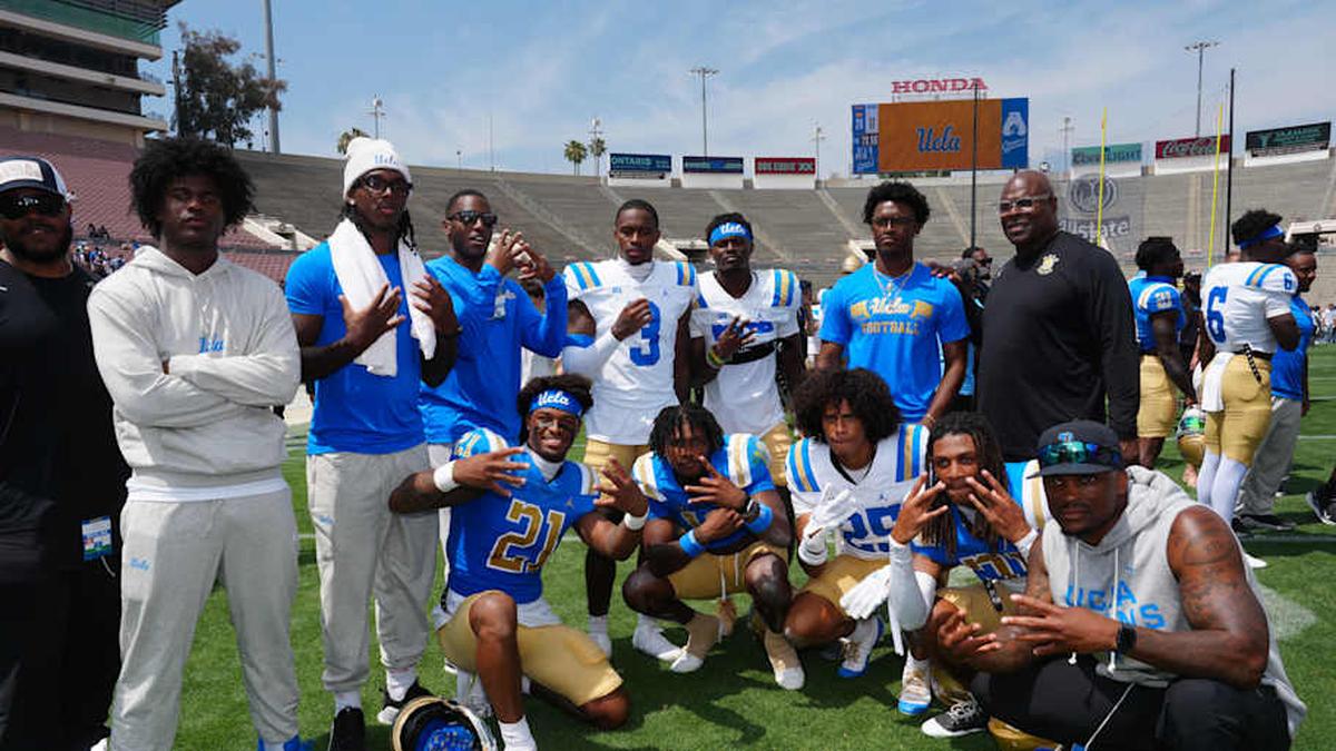 May 2, 2026; Pasadena, CA, USA; UCLA Bruins defensive backs Dante Lovett (21), Osiris Gilbert (18), Kuron Jabari Jr. (25) and Robert Stafford III (3) and Rodrick Pleasant pose during the spring game at Rose Bowl. Mandatory Credit: Kirby Lee-Imagn Images | Kirby Lee-Imagn Images 