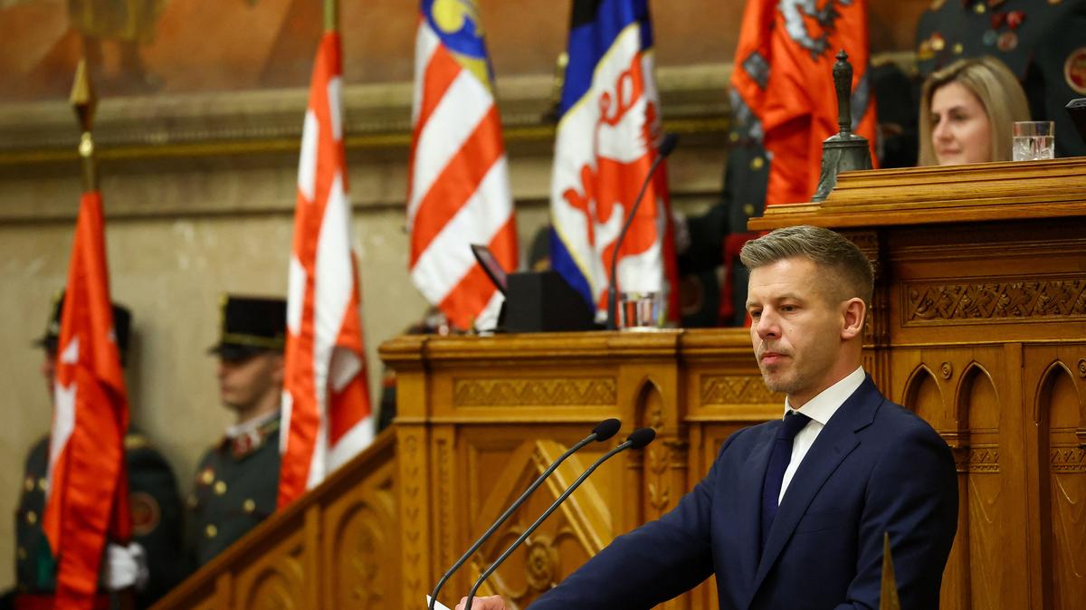 Hungarian Prime Minister Peter Magyar delivers a speech on the day new members of government take their oath of office in the Parliament, in Budapest, Hungary, May 12, 2026. REUTERS/Bernadett Szabo