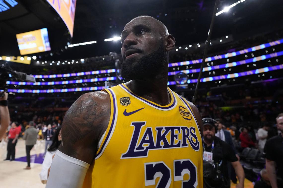  Apr 18, 2026; Los Angeles, California, USA; Los Angeles Lakers forward LeBron James (23) leaves the court after game one of the first round of the 2026 NBA Playoffs against the Houston Rockets at Crypto.com Arena. Mandatory Credit: Kirby Lee-Imagn Images 