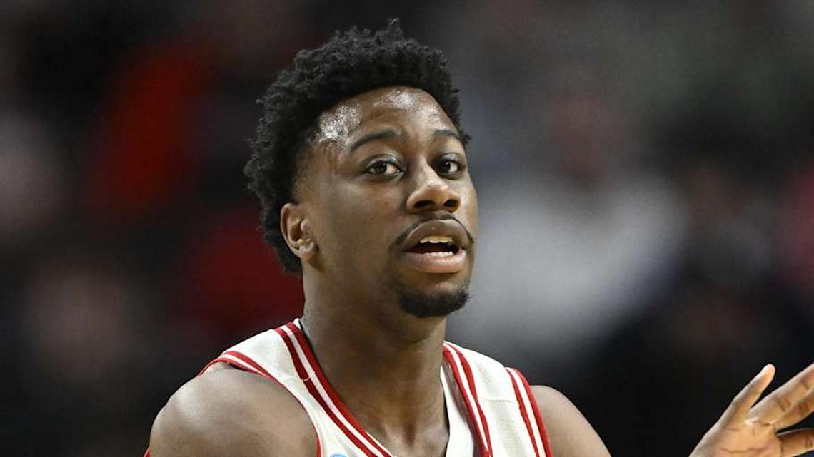  Mar 19, 2026; Portland, OR, USA; Wisconsin Badgers guard John Blackwell (25) passes against the High Point Panthers during the first half of a first round game of the men's 2026 NCAA Tournament at Moda Center. Mandatory Credit: Craig Strobeck-Imagn Images | Craig Strobeck-Imagn Images 