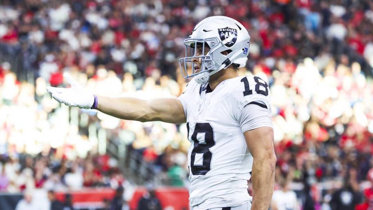  Dec 21, 2025; Houston, Texas, USA; Las Vegas Raiders wide receiver Jack Bech (18) reacts after catching a pass against the Houston Texans during the first quarter at NRG Stadium. Mandatory Credit: Troy Taormina-Imagn Images | Troy Taormina-Imagn Images 