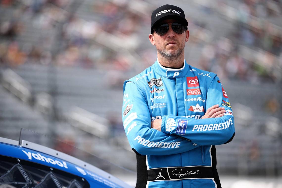  MARTINSVILLE, VIRGINIA - MARCH 29: Denny Hamlin, driver of the #11 Progressive Toyota, looks on during qualifying for the NASCAR Cup Series Cook Out 400 at Martinsville Speedway on March 29, 2025 in Martinsville, Virginia. (Photo by Jared C. Tilton/Getty Images) 